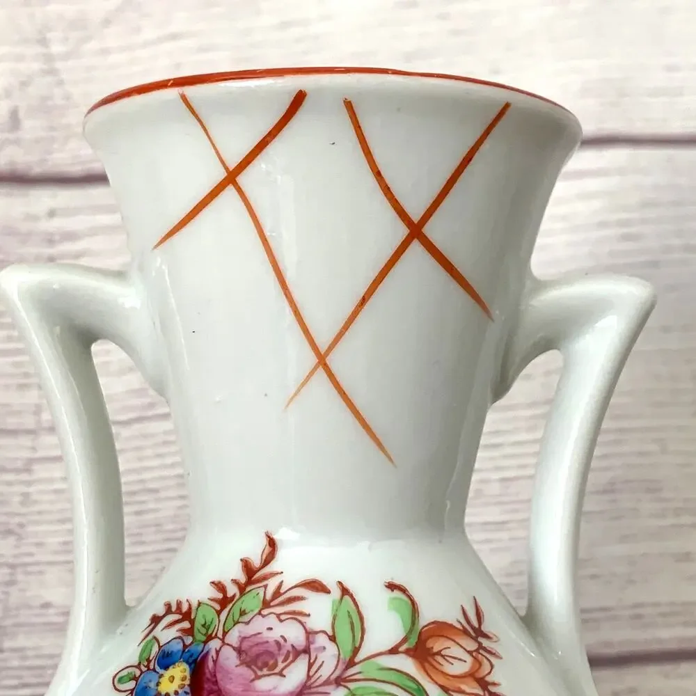 Vintage Japanese Double Handle Ceramic Vase Floral Motif Art Deco 4 5/8
